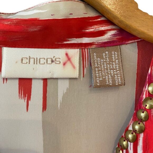 Chico’s Sz 0=SM 4 Pink Purple Gold Boho Bali Design Beaded Collar Flowy Top - Picture 7 of 7